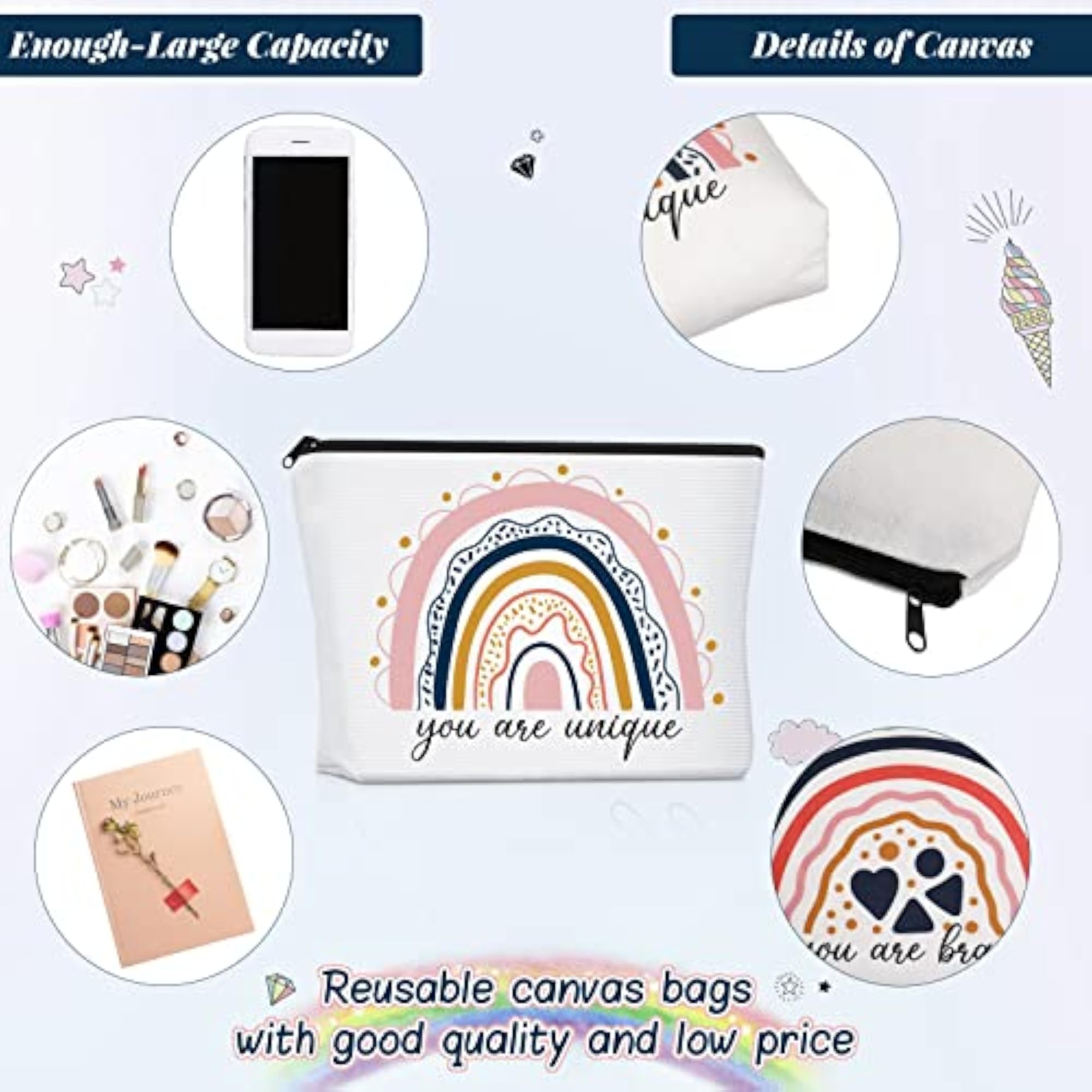 Rainbow Inspirational Quotes Canvas Cosmetic Bag Set, 4 Pieces
